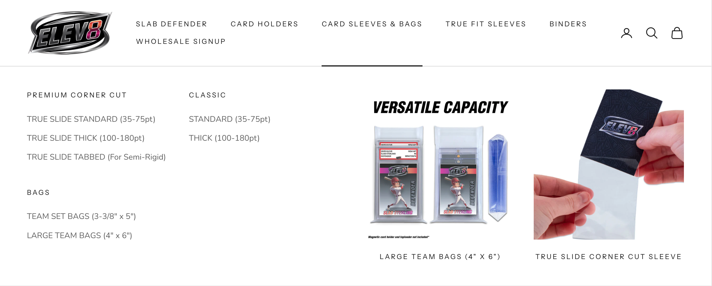 Card Sleeves and Bags Menu